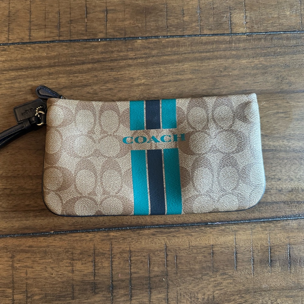 Coach Varsity Large Wristlet | Khaki Coated Canvas/Teal and Navy Stripe |F66463